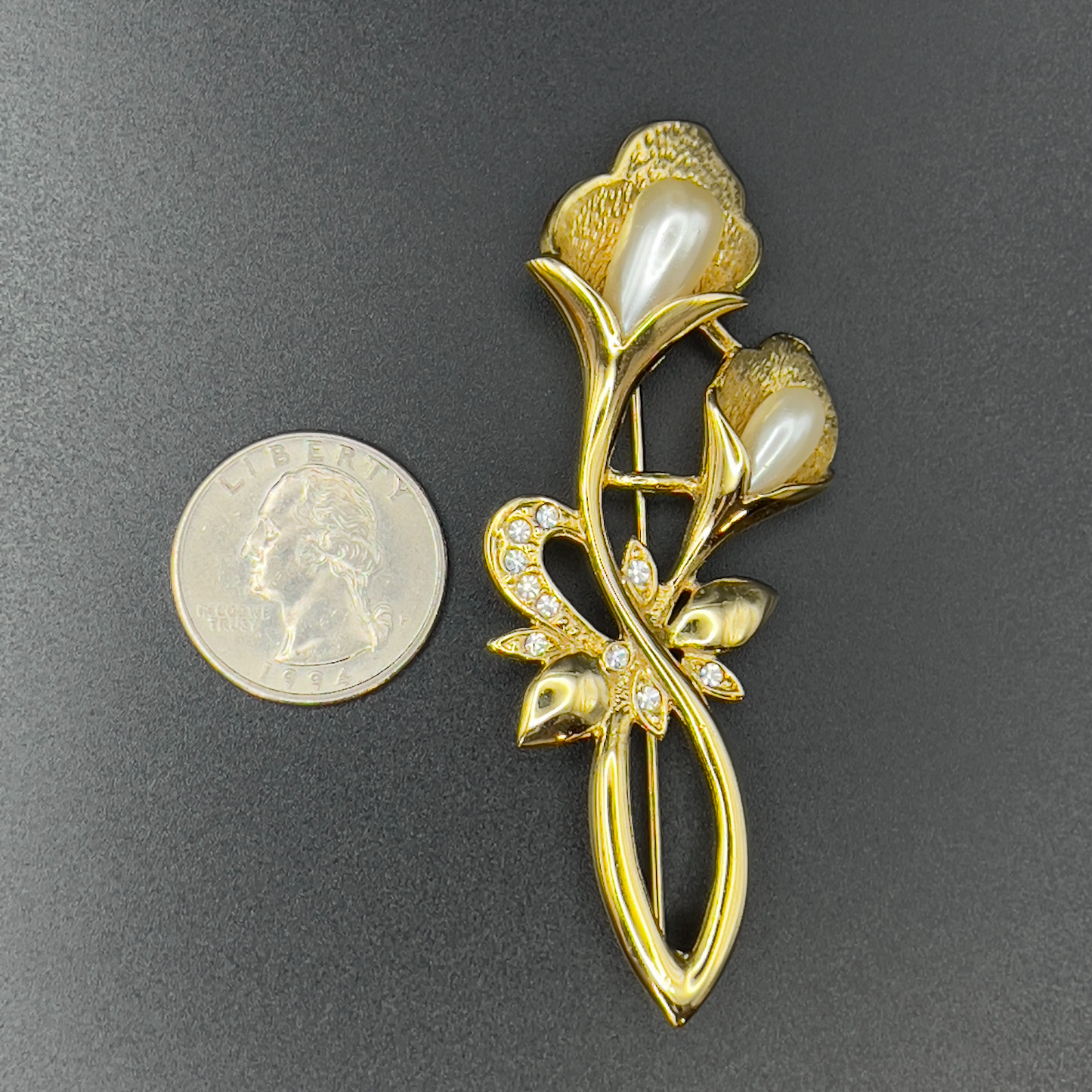 Vintage Gold-Toned Flowers with Faux Pearl & Clear Rhinestones Brooch Pin