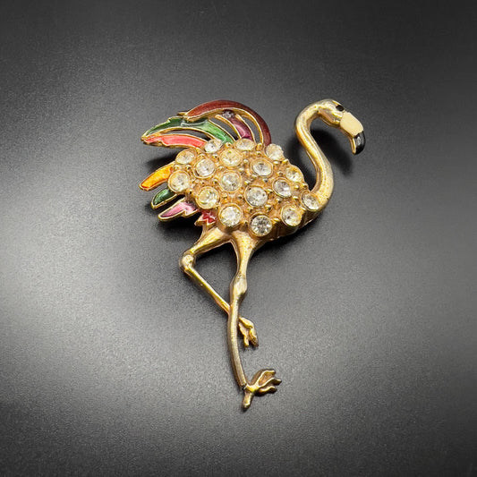 Vintage Novelty Large Flamingo Gold-Toned & Enamel Brooch w Clear Rhinestones