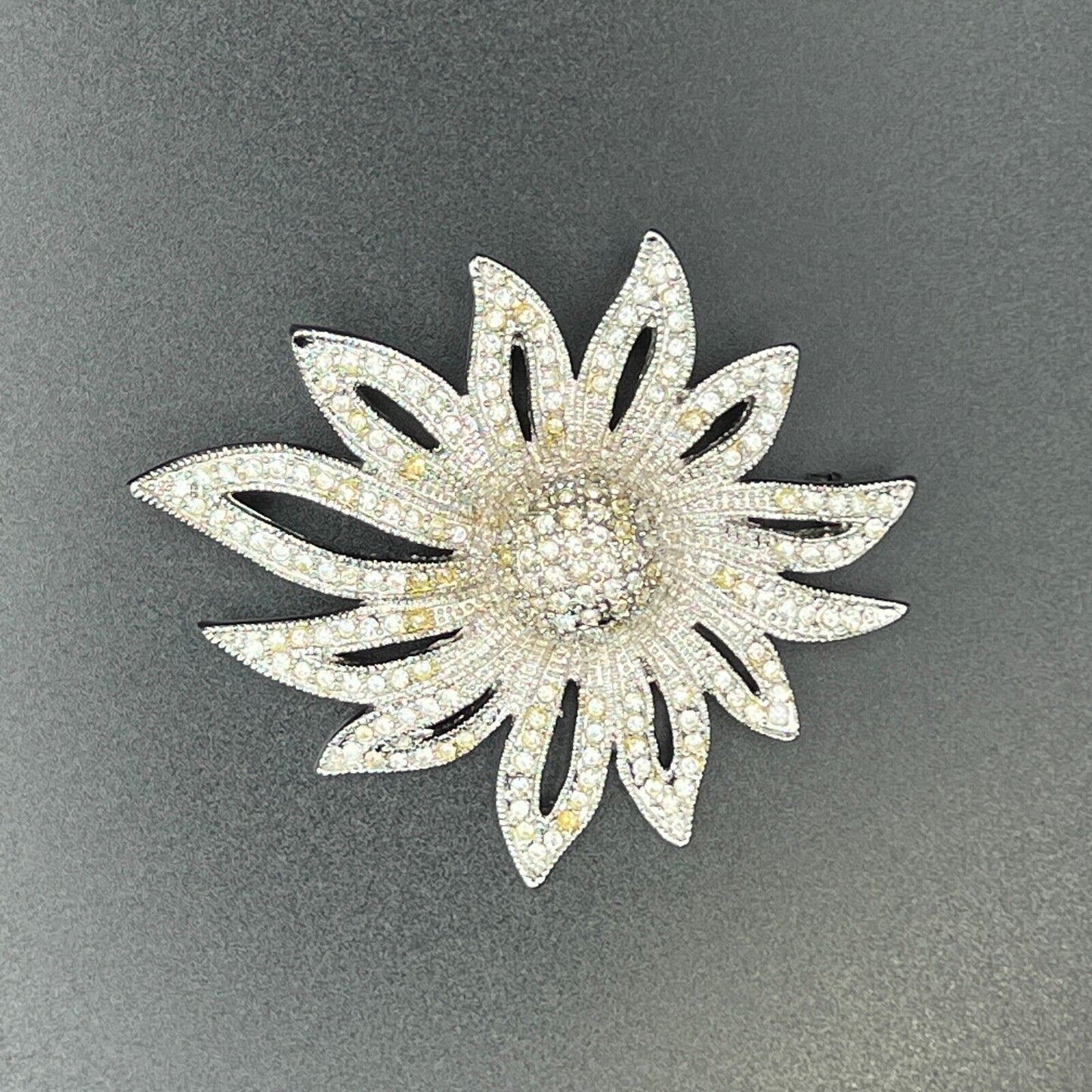 Vintage Sparkling Silver-Toned Clear Rhinestones Bold Flower Brooch Pin