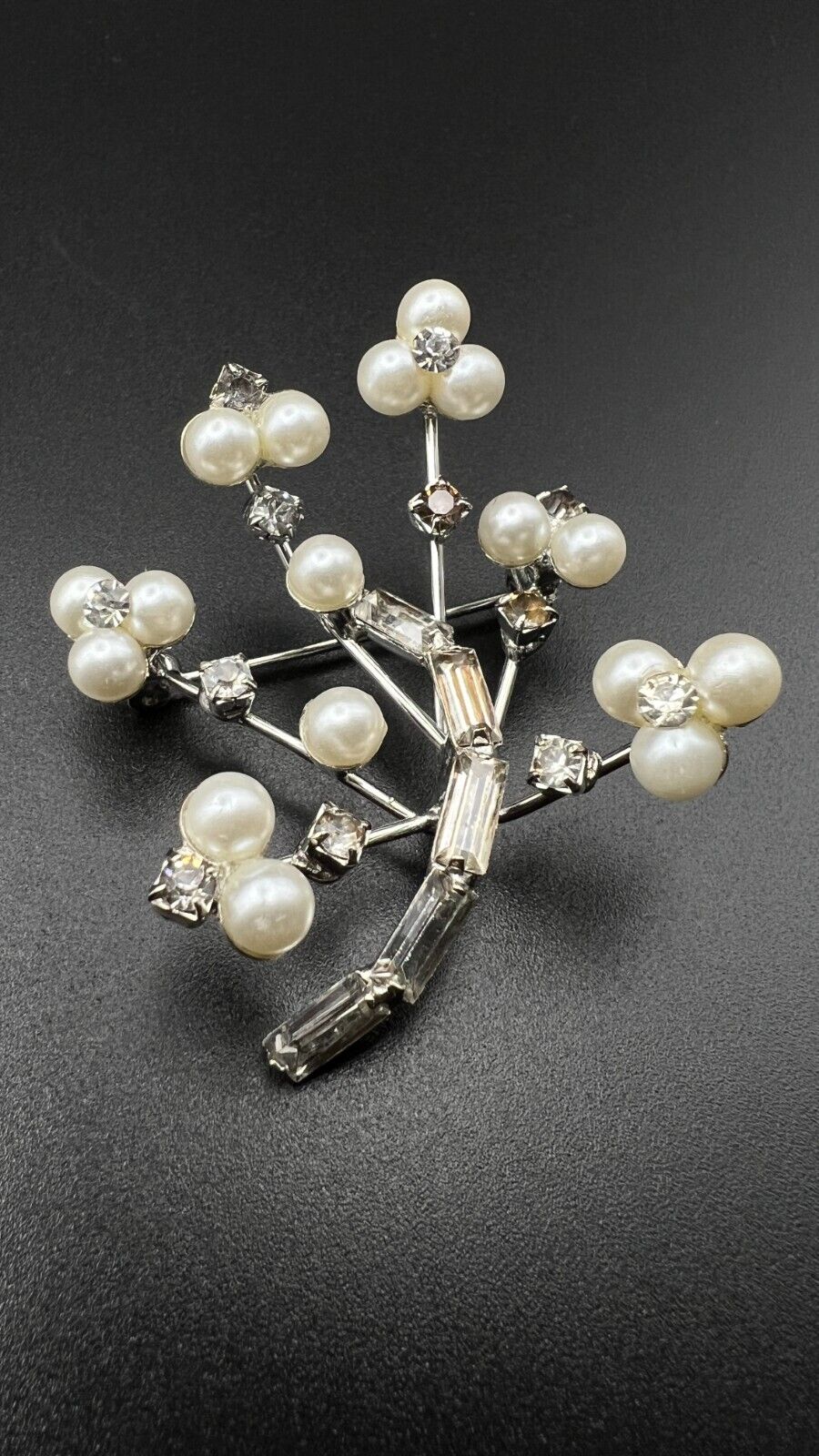 Vintage Silver-Toned Tree Branch with Clear Rhinestones & Faux Pearls Brooch Pin