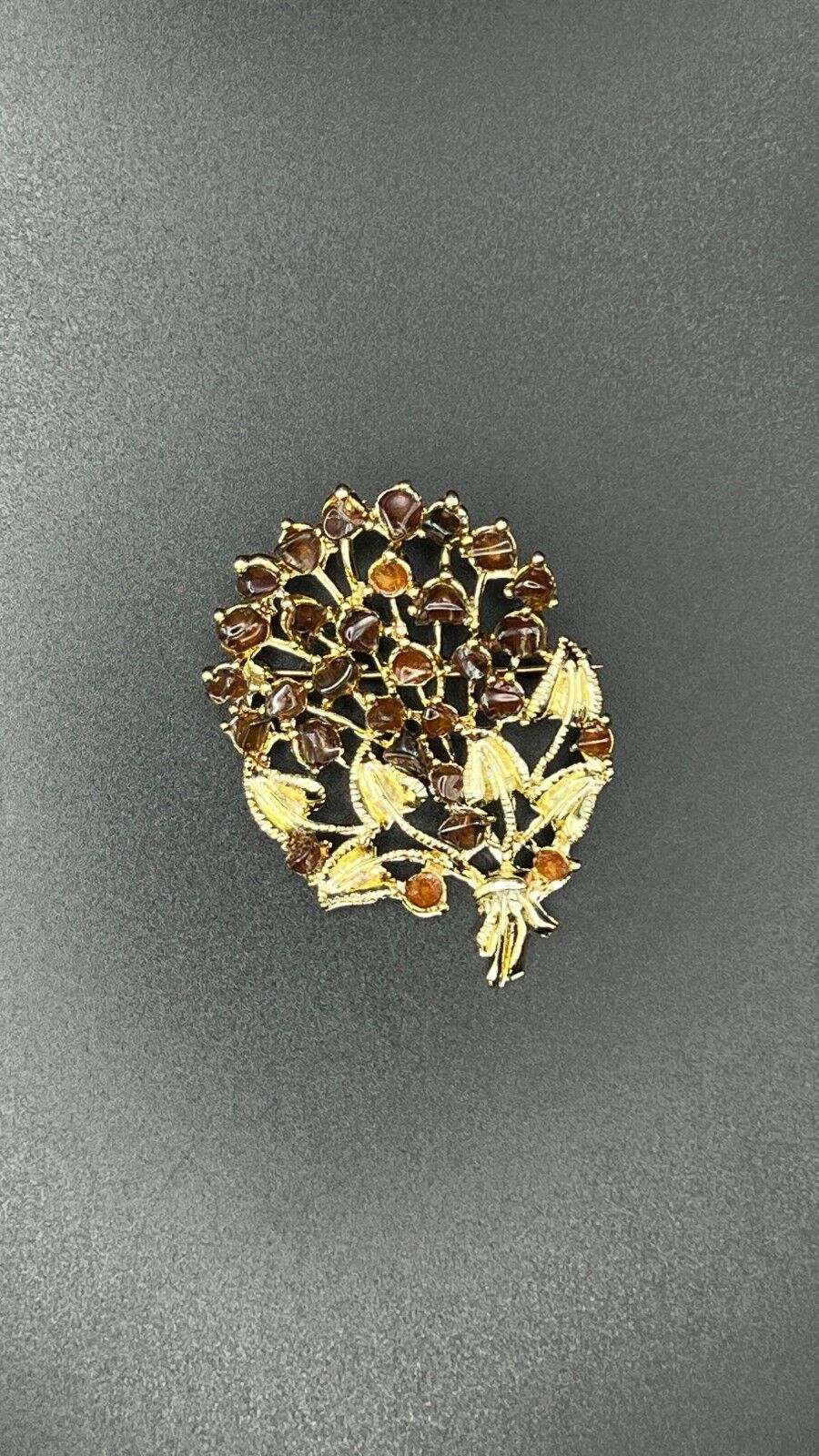 Vintage Gold-Toned Bouquet of Flowers with Brown & Topaz Rhinestones Brooch Pin