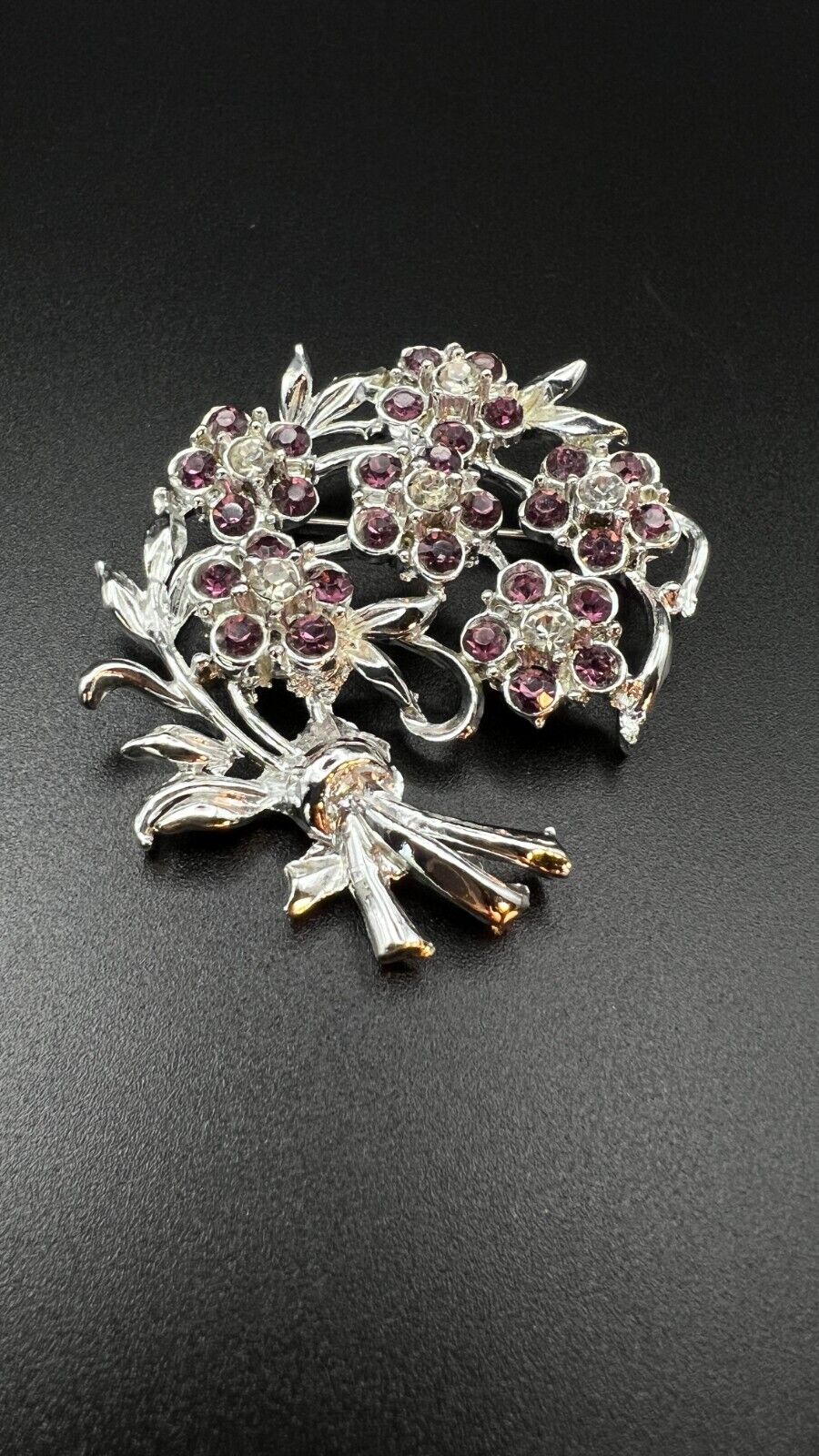 Vintage Silver-Toned Bouquet of Flowers w Deep Amethyst Rhinestones Brooch Pin