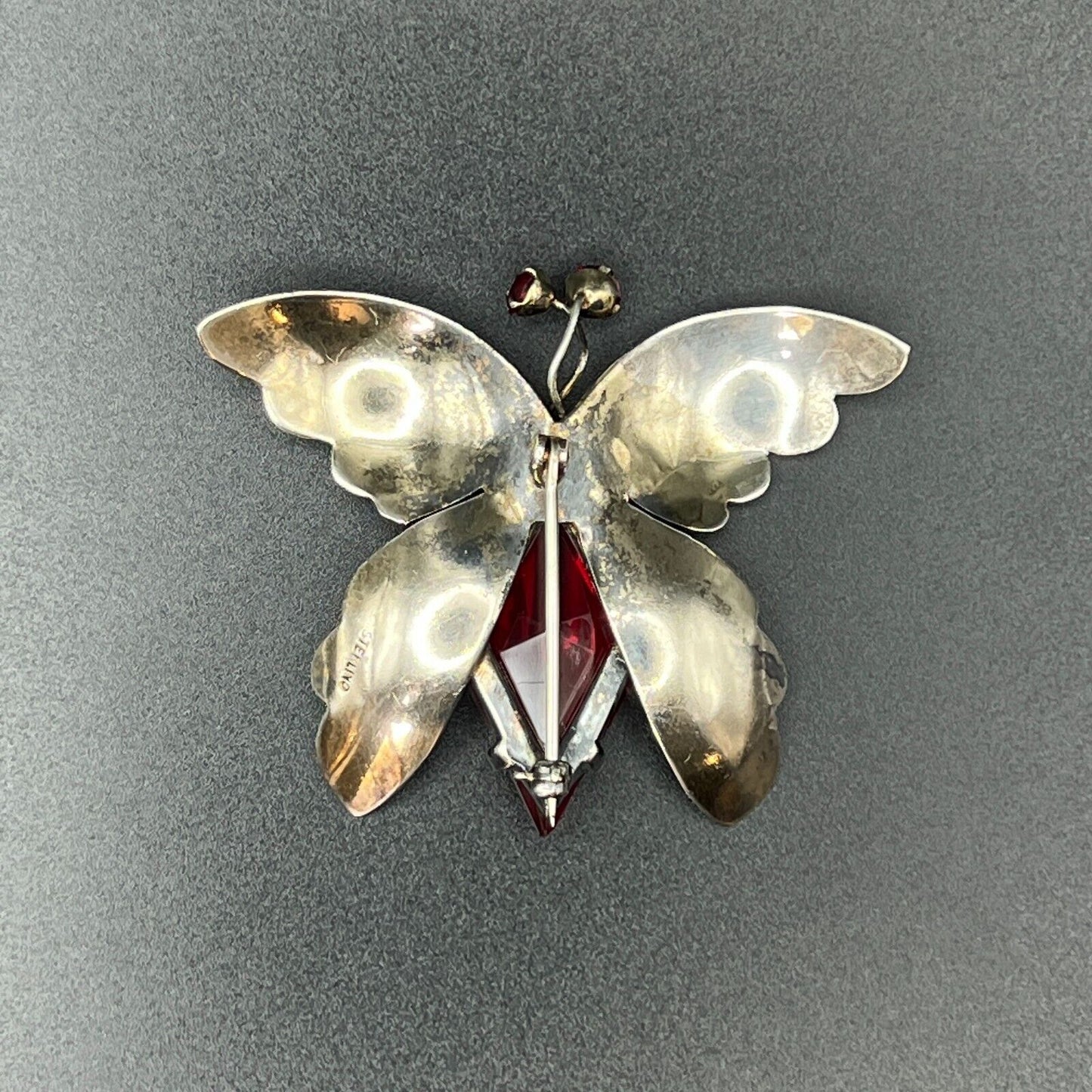 Vintage Signed Sterling Silver with Red Rhinestones Butterfly Brooch Pin