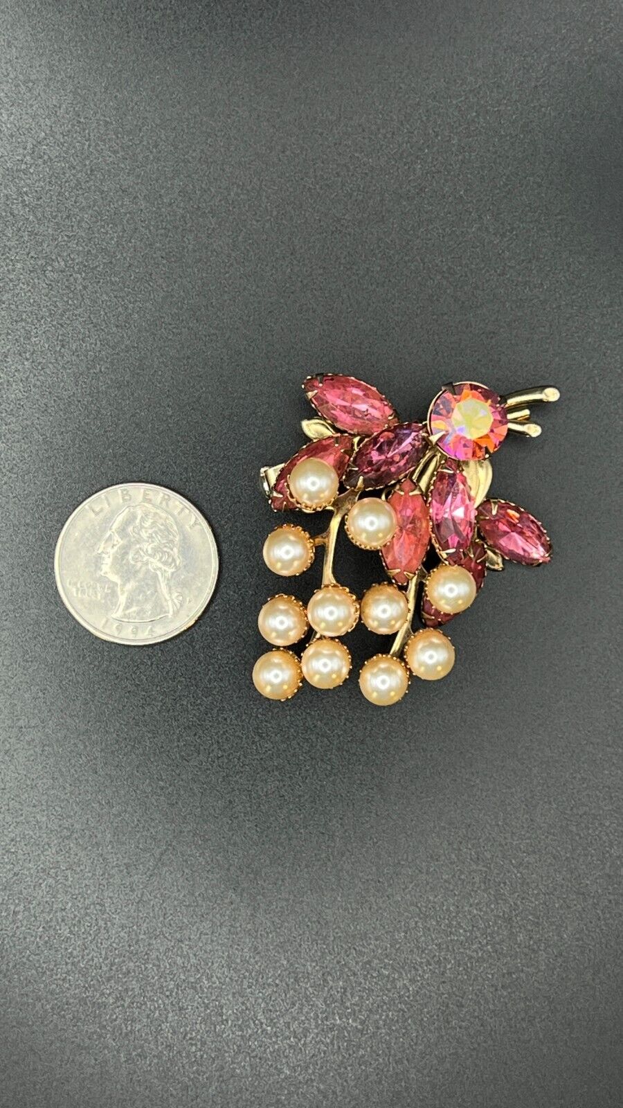 Vintage Large Gold-Toned Flower with Pink Rhinestones and Faux Pearls Brooch Pin