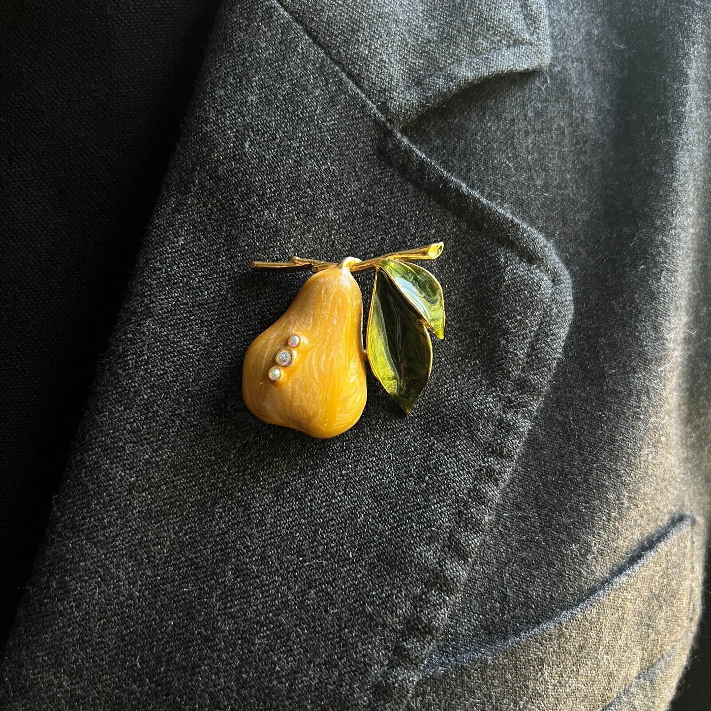 Vintage Gold-Toned Enameled Pear w Three Rhinestones & Green Leaves Brooch Pin