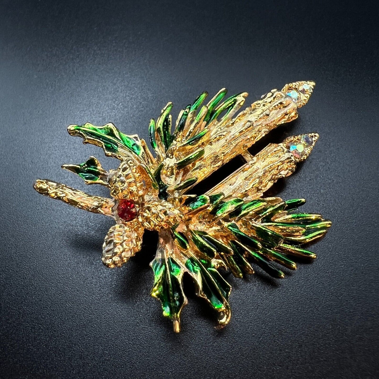 Vintage Christmas Candlestick w Green Leaves & Gold Pine Cones Brooch Pin