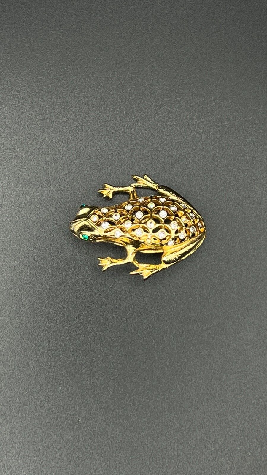 Vintage Gold-Toned & Clear Rhinestone Frog with Green Crystal Eyes Brooch Pin