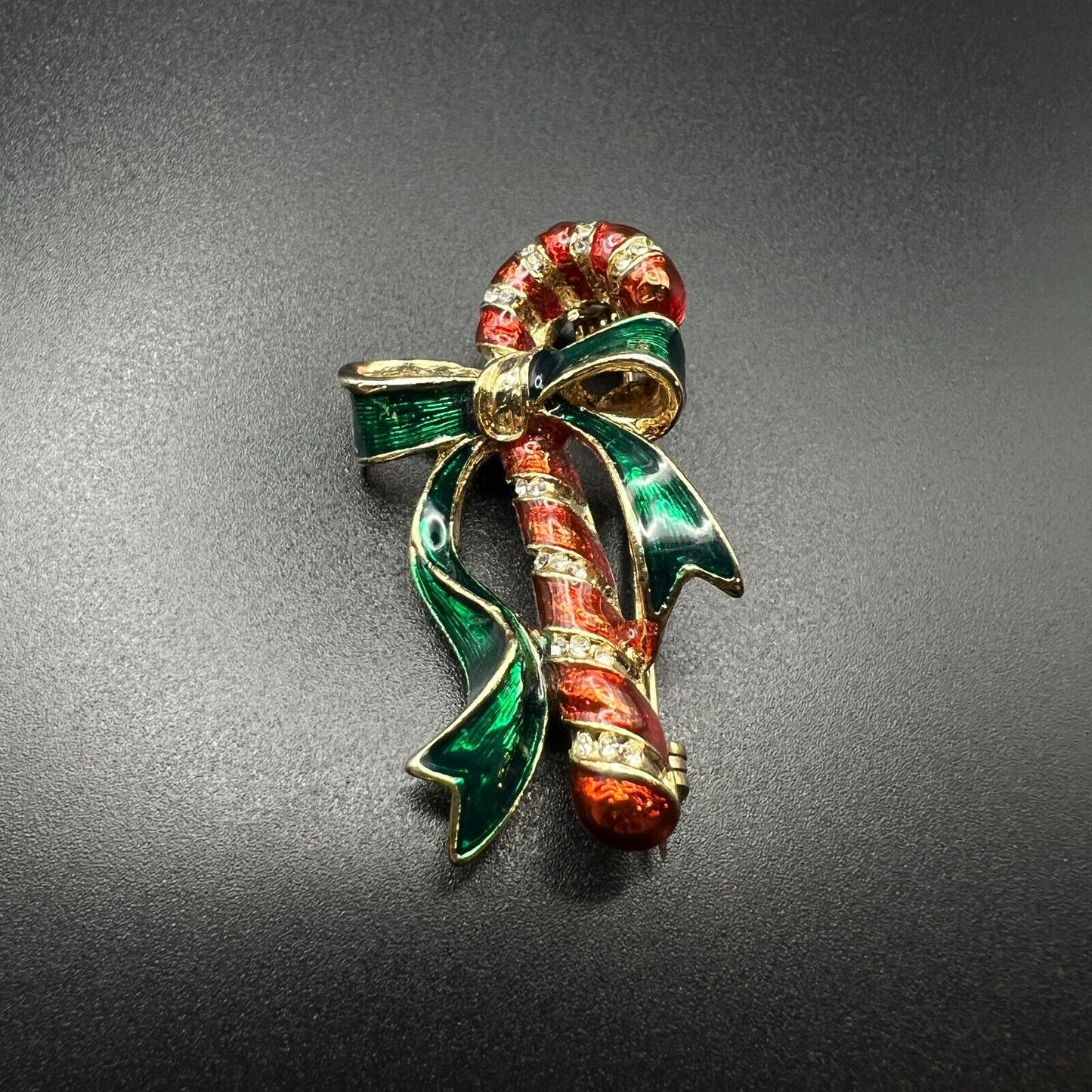 Vintage Novelty Christmas Enameled Gold-Toned Candy Cane w Green Bow Brooch Pin