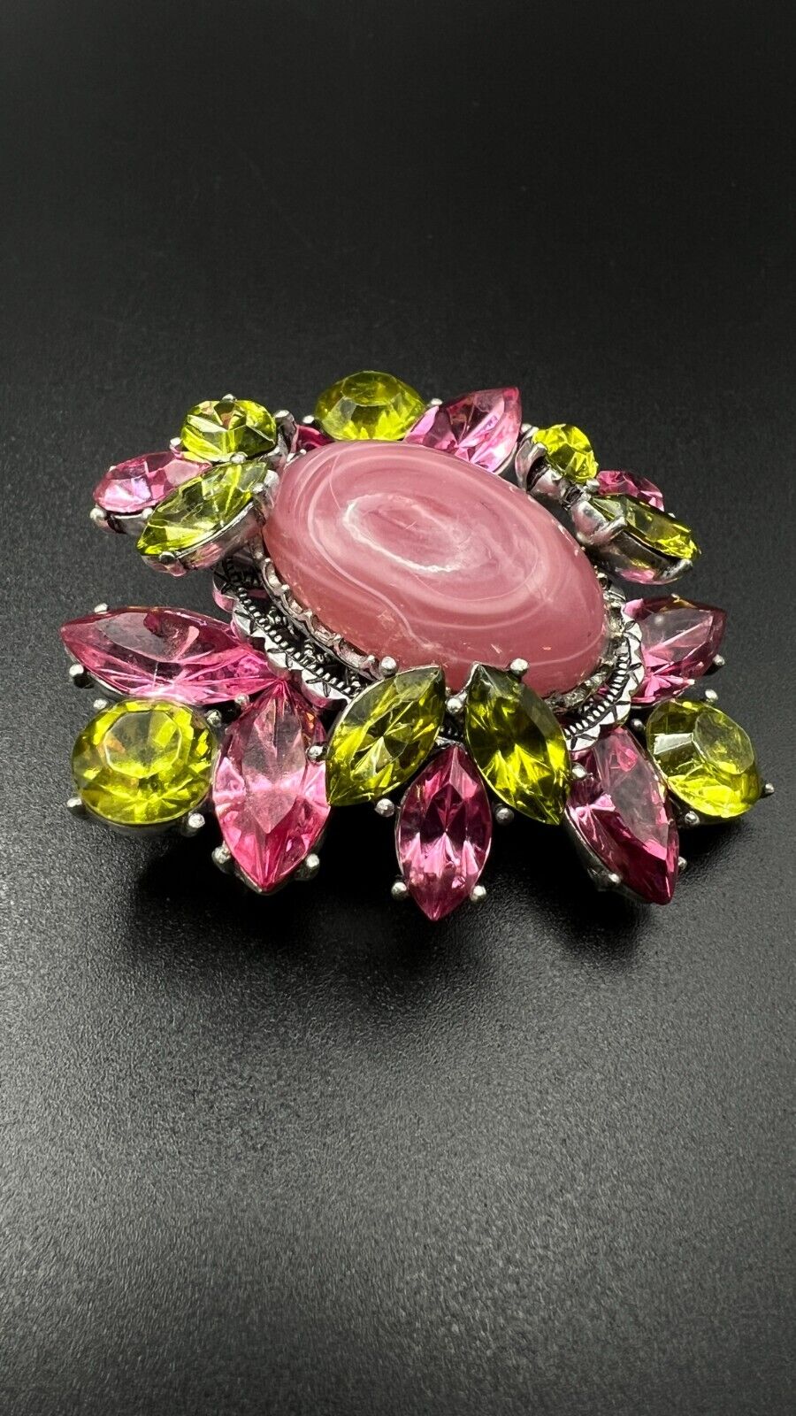 Vintage Flower Large Pink Center Stone with Pink and Green Crystals Brooch Pin