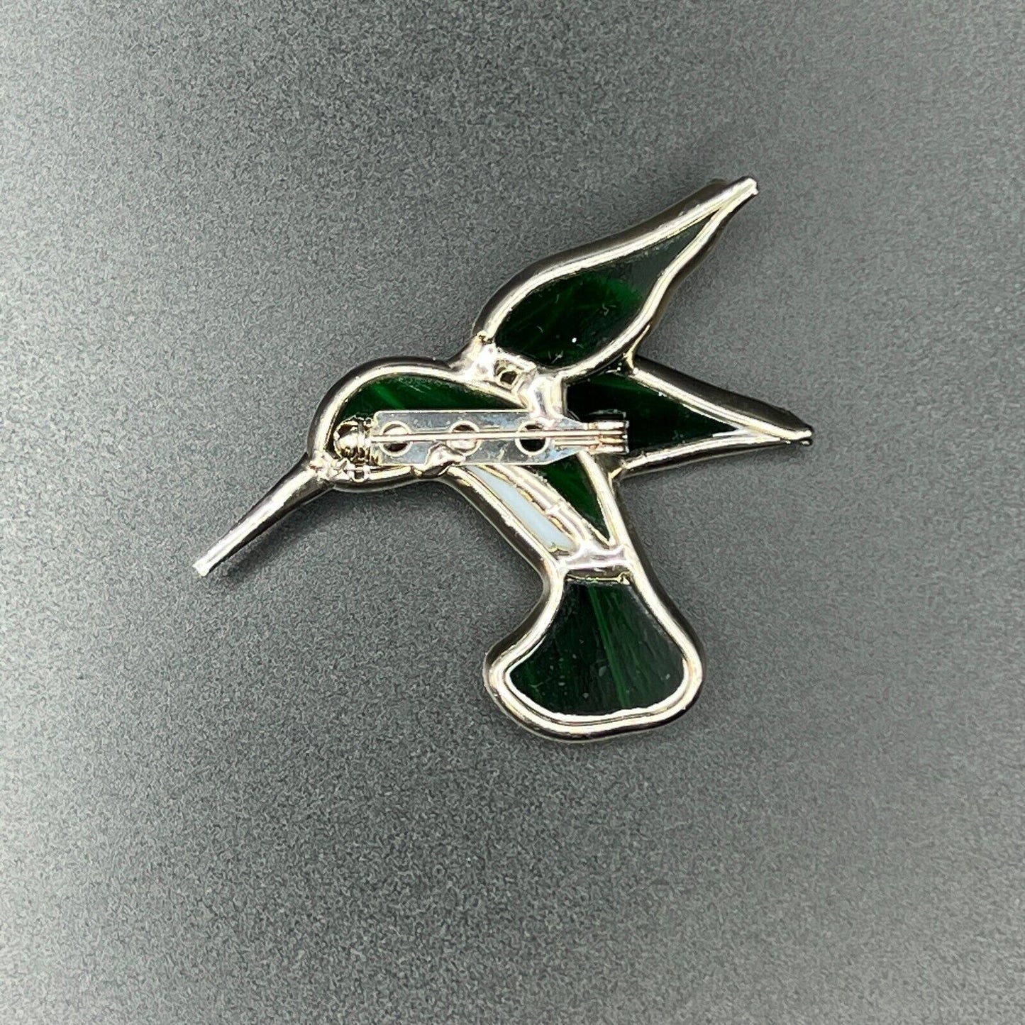 Vintage Novelty RARE Silver, Green & White Stained Glass Hummingbird Brooch Pin