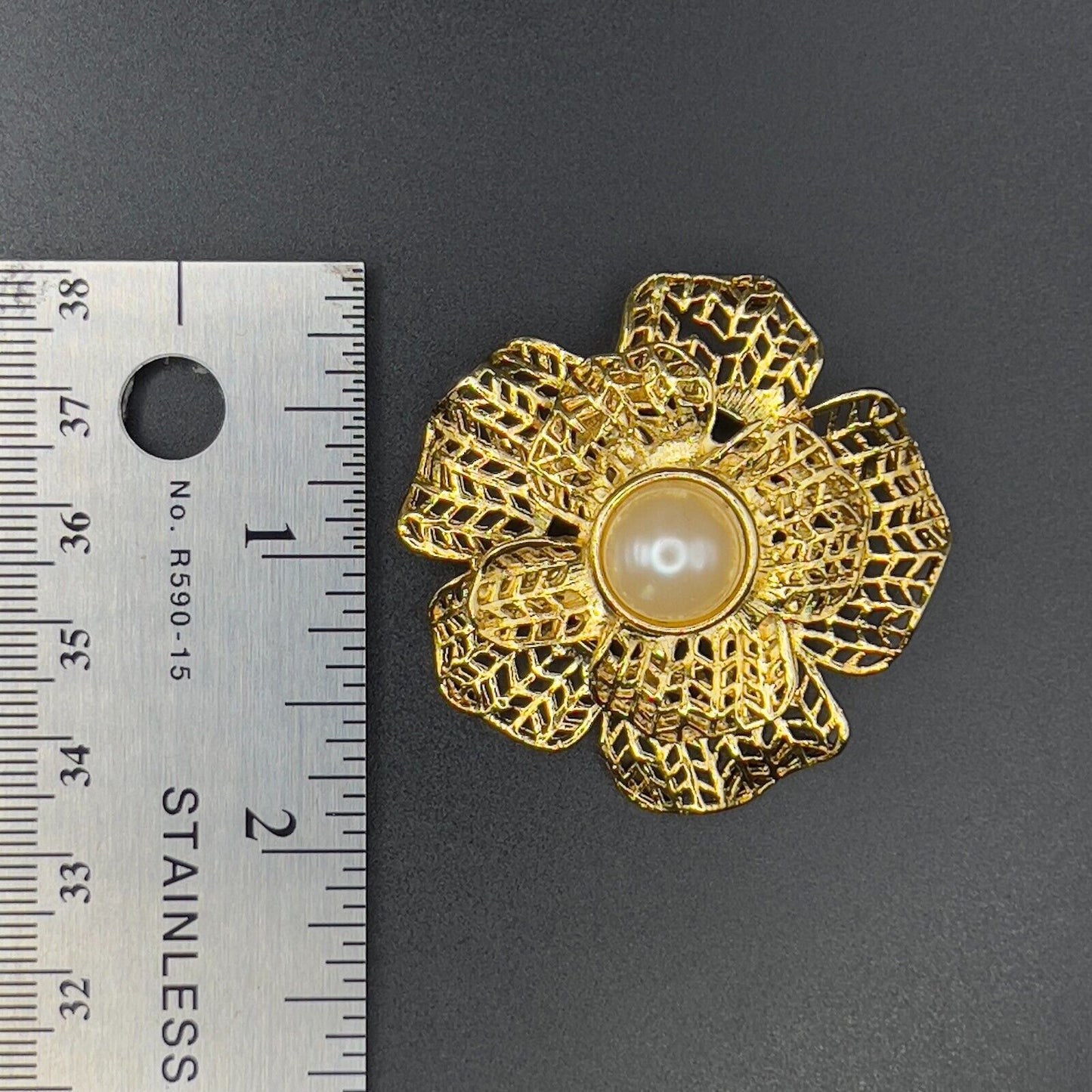 Vintage Gold-Toned Tiered Petals Flower with a Faux Pearl Center Brooch Pin