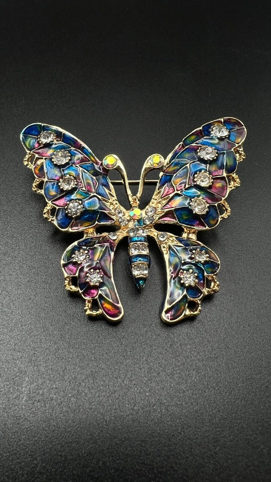 Vintage Butterfly Multi-Colored Cloisonne and Rhinestone Gold-Toned Brooch Pin