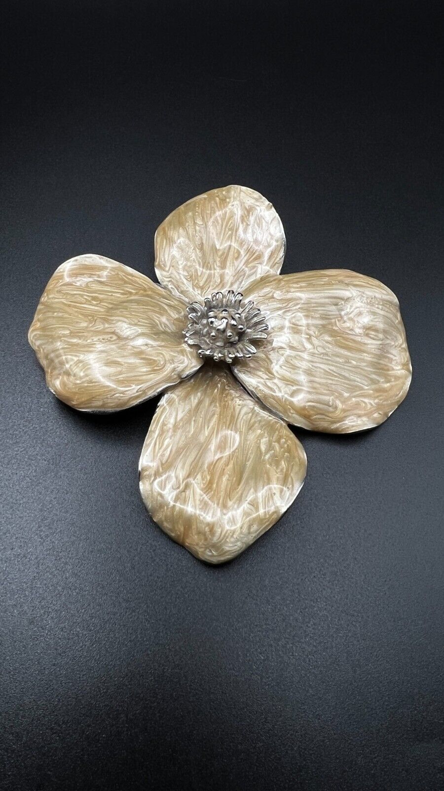 Vintage Large Flower Signed E PEARL Enameled Gold/Cream & Silver Back Brooch Pin