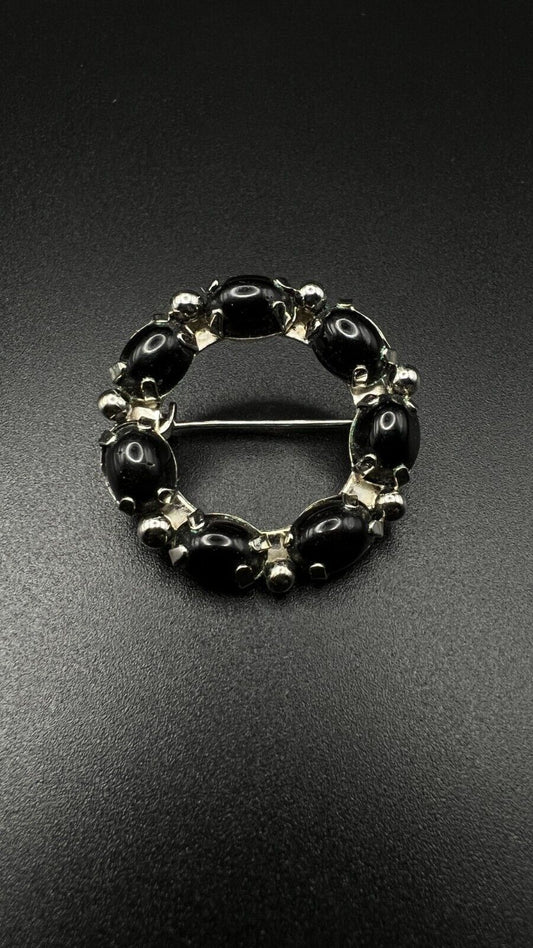 Vintage Small Circular Silver-Toned with Prong Setting of Black Beads Brooch Pin