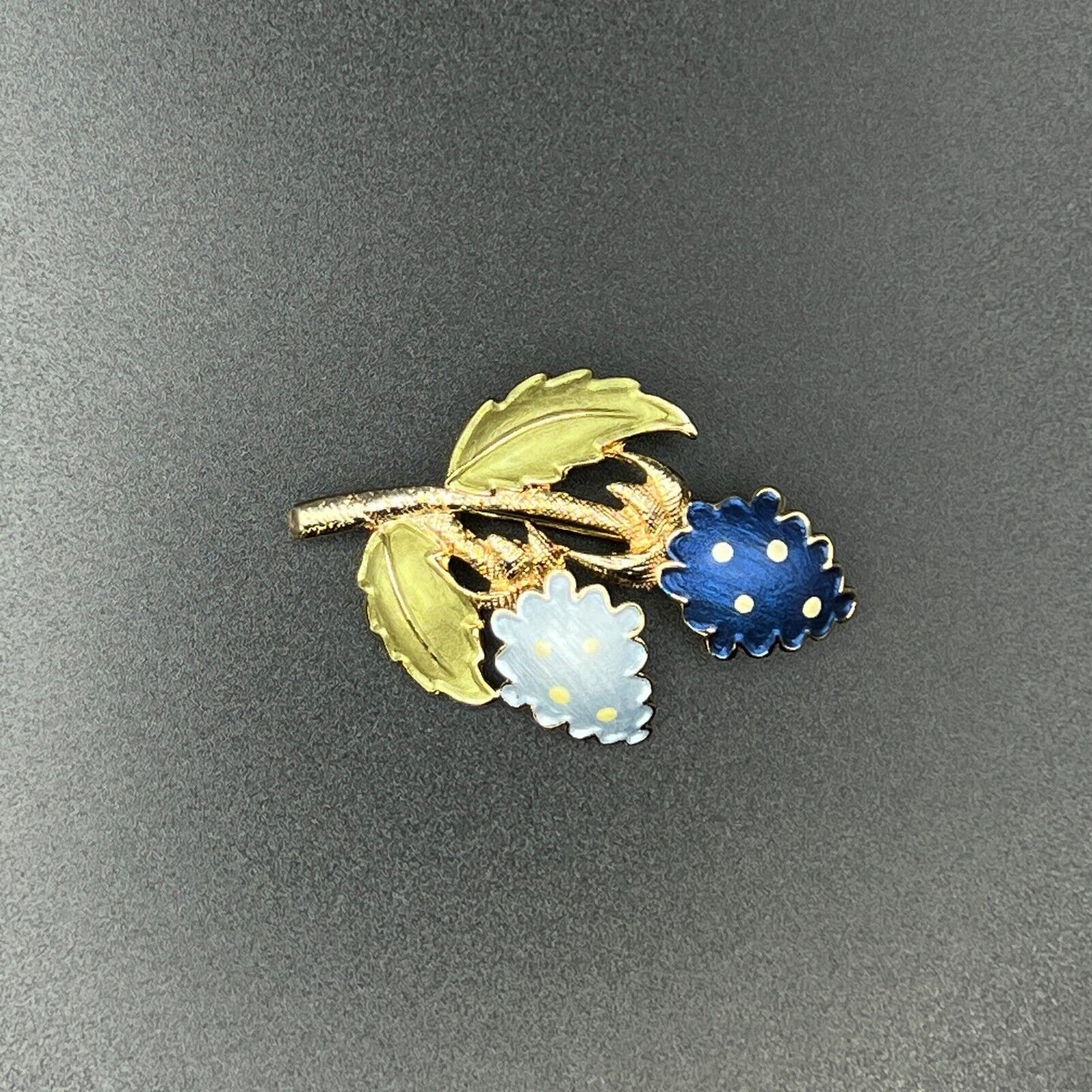 Vintage Gold-Toned Lovely Blue Enameled Flowers with Green Leaves Brooch Pin