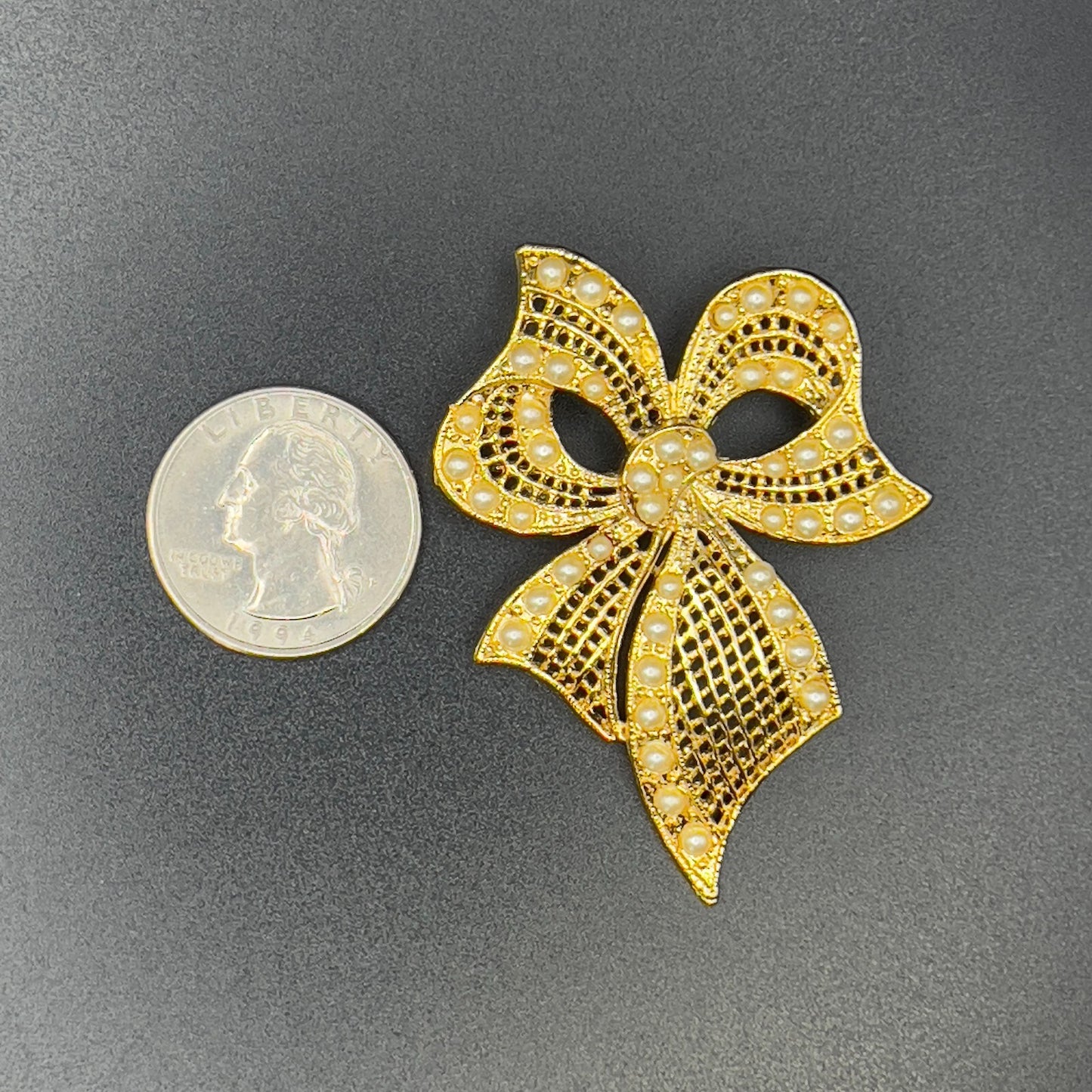 Vintage Novelty Gold-Toned Lacy Bowtie Faux Pearl Brooch Pin