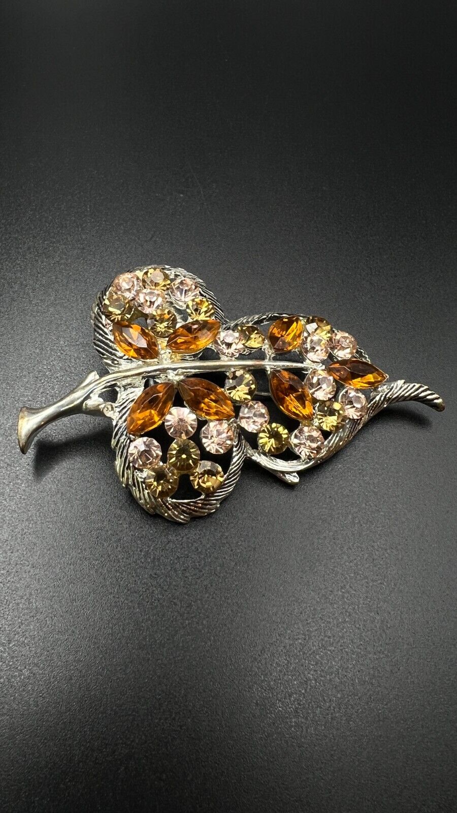 Vintage Silver-Tone Leaf Brooch/ Pendant with Topaz, Pink & Gold Rhinestones Pin