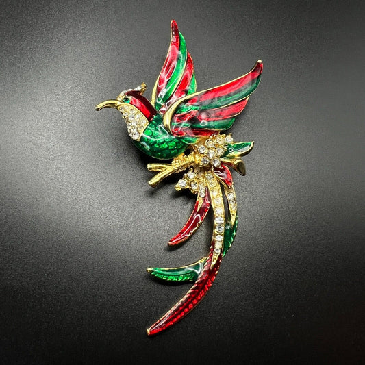 Vintage Novelty Bird Of Paradise Clear Crystals Red/Green Enameled Brooch Pin