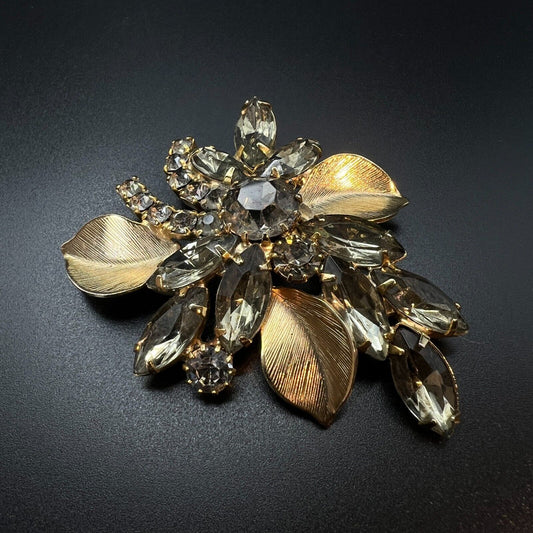 Vintage Flower Gold-Toned with Multi-Sized Smoky Gray Rhinestones Brooch Pin