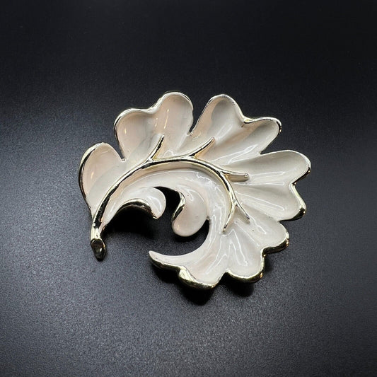 Vintage Gold-Toned & White Enameling Elegant Leaf Brooch Pin