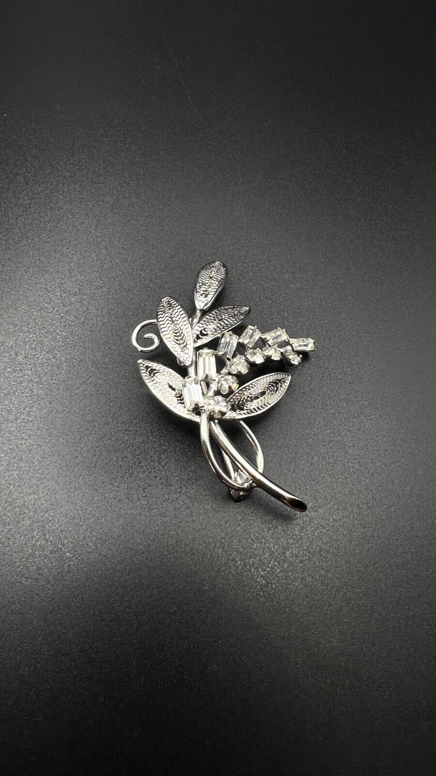 Vintage Silver-Toned Leaf Signed STERLING C A with Clear Rhinestones Brooch Pin