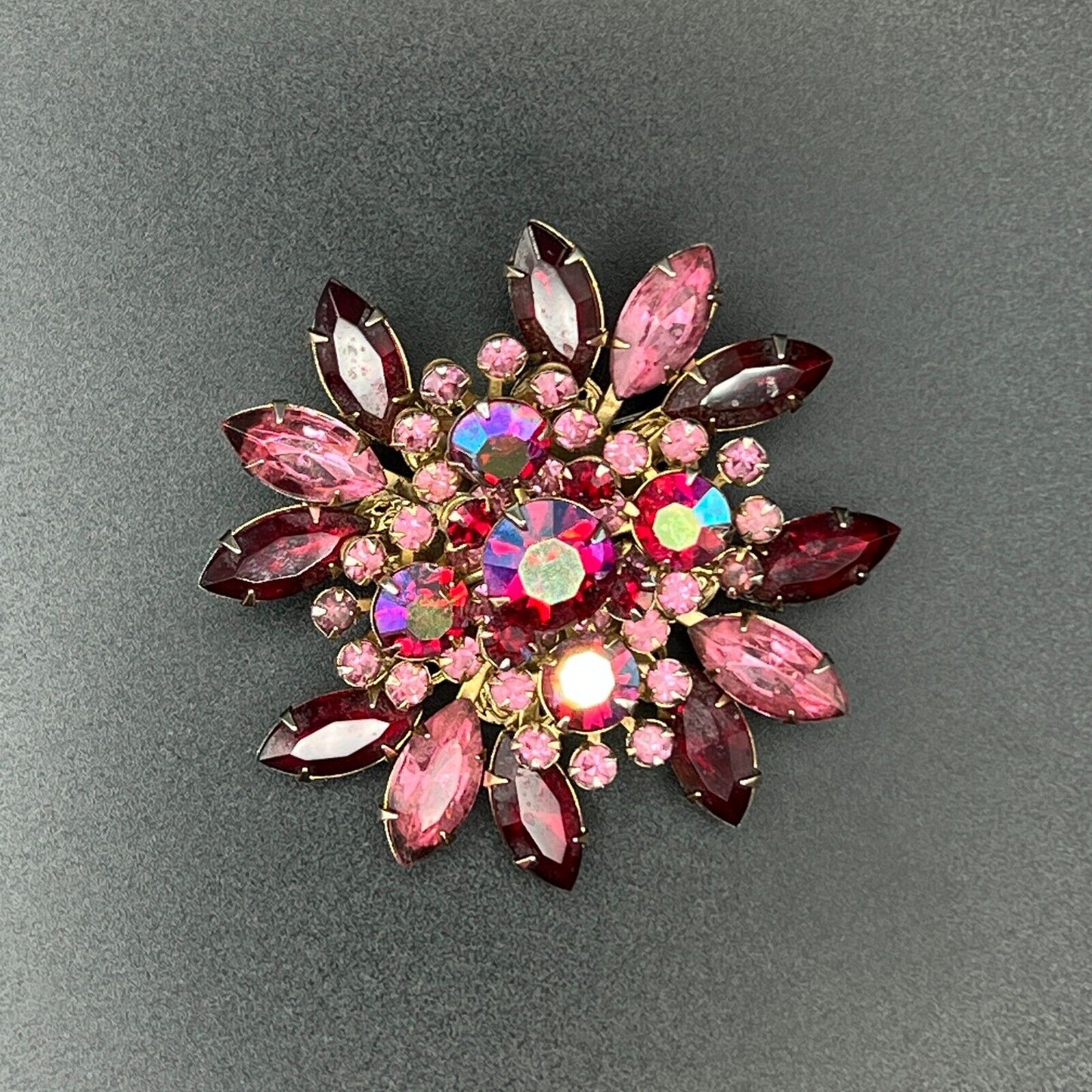 Vintage Beautiful Juliana Pink & Ruby Rhinestones 3D Brooch Pin