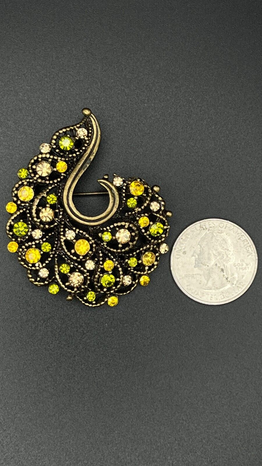 Vintage Gold-Toned Brooch Pin with Lime Green & Gold Rhinestones w Pendant Hook