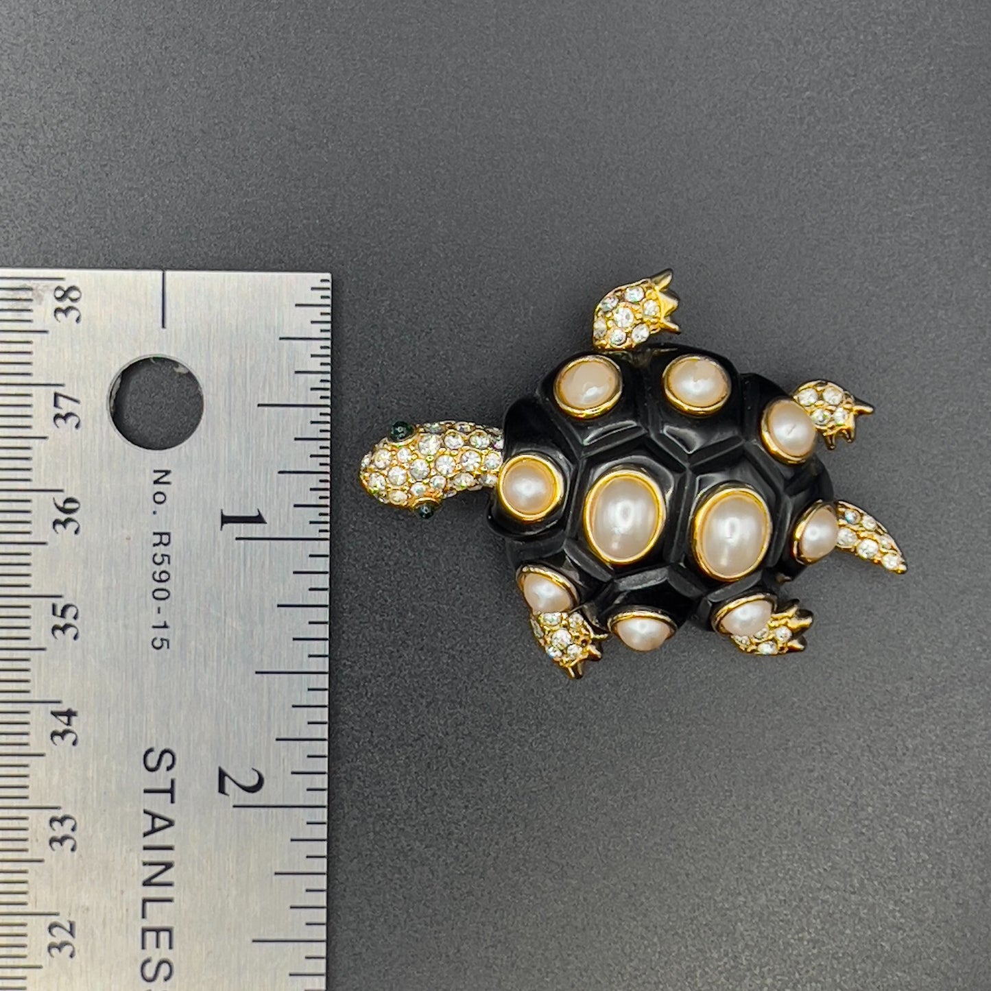 Vintage Signed KJL Tortoise Gold-Tone Faux Pearl & Crystals on Black Brooch Pin