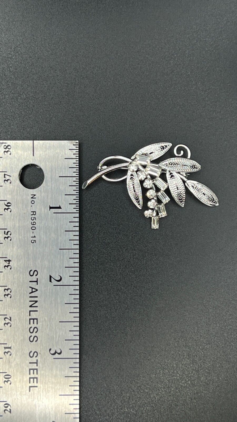 Vintage Silver-Toned Leaf Signed STERLING C A with Clear Rhinestones Brooch Pin