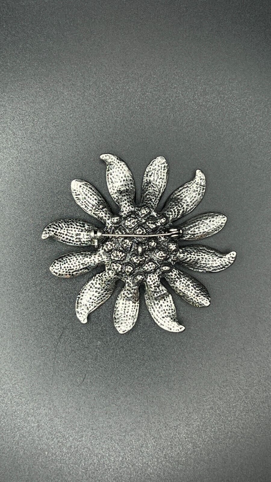 Vintage Silver-Toned Flower w Pewter Finish and Green Rhinestones Brooch Pin