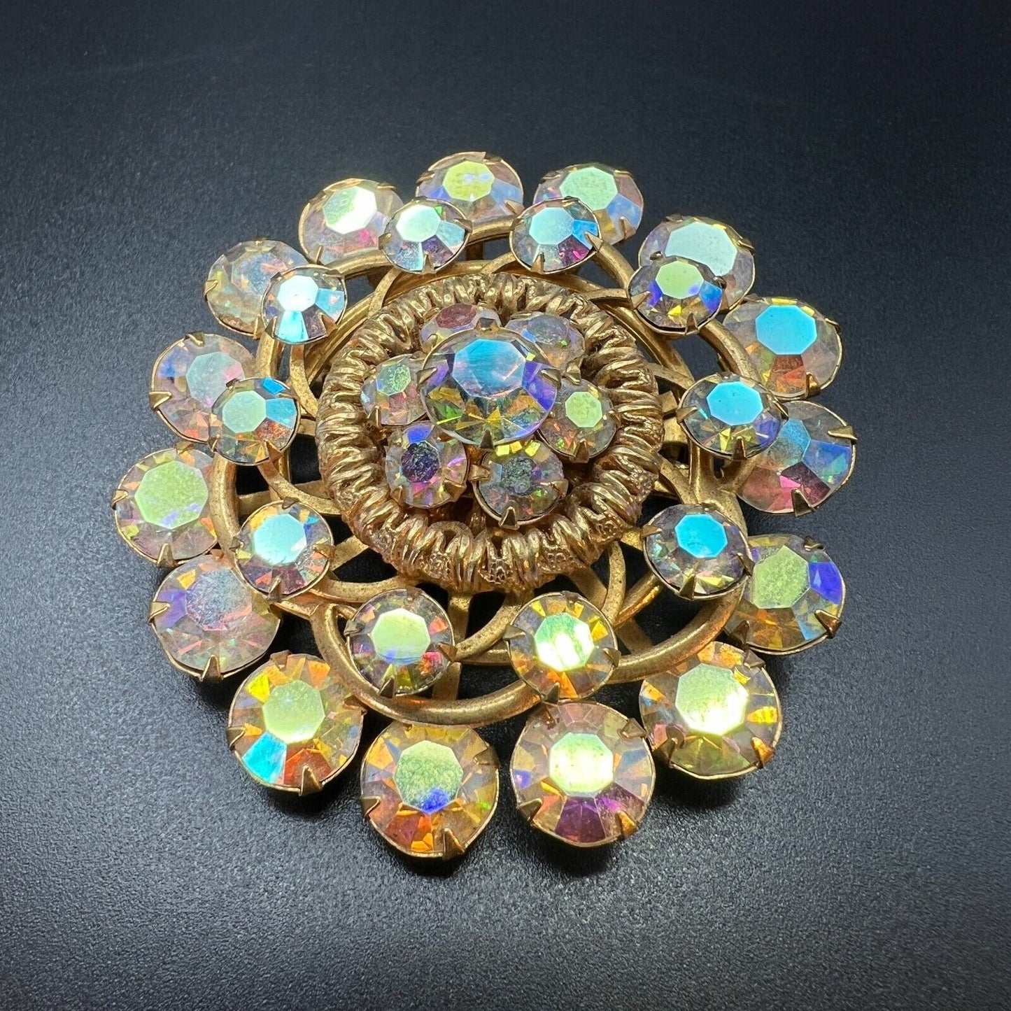 Vintage Gold-Toned & Aurora Borealis Rhinestones w Plenty of Sparkle Brooch Pin