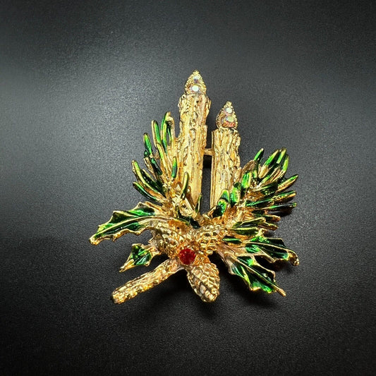 Vintage Christmas Candlestick w Green Leaves & Gold Pine Cones Brooch Pin