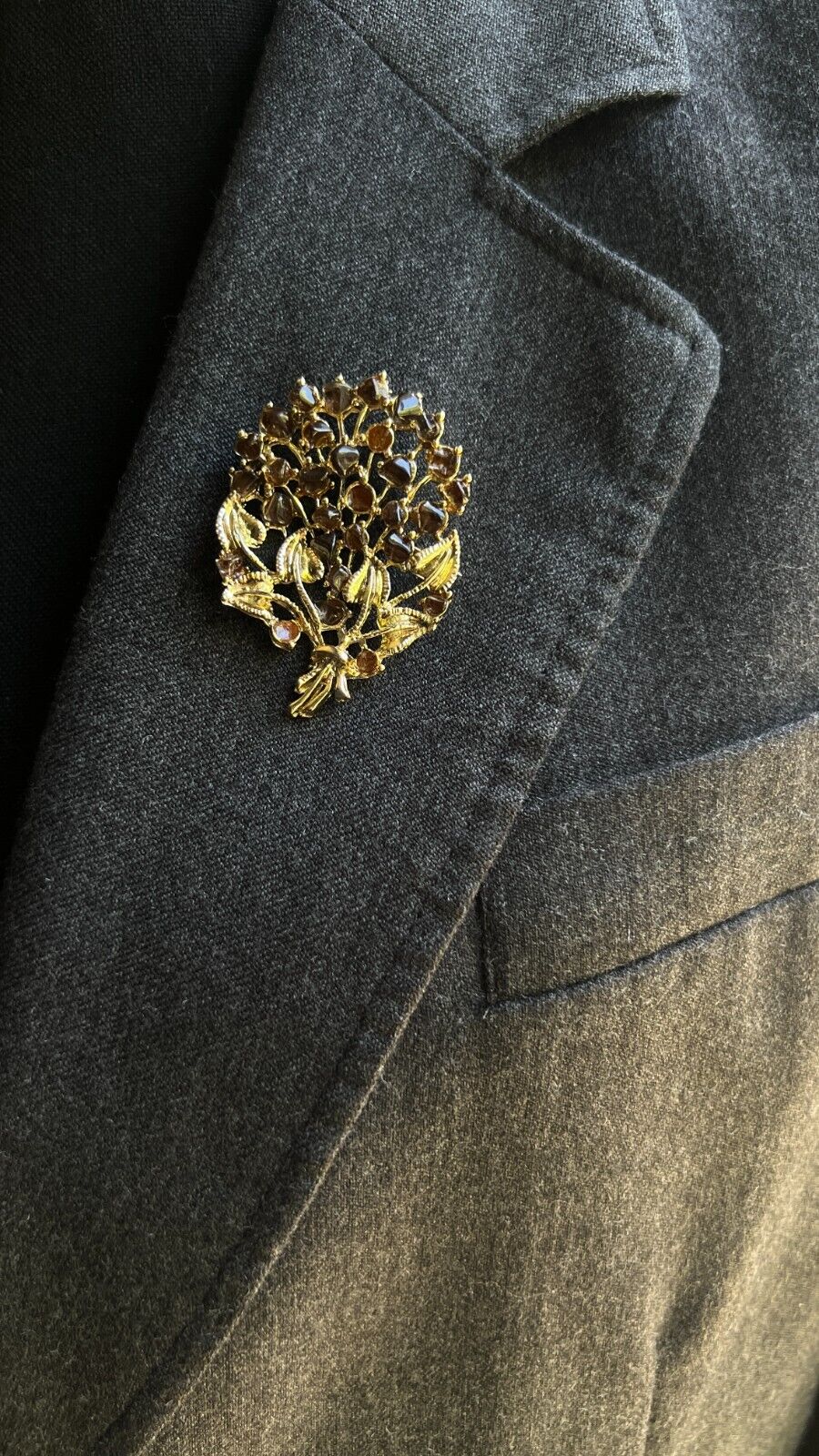 Vintage Gold-Toned Bouquet of Flowers with Brown & Topaz Rhinestones Brooch Pin