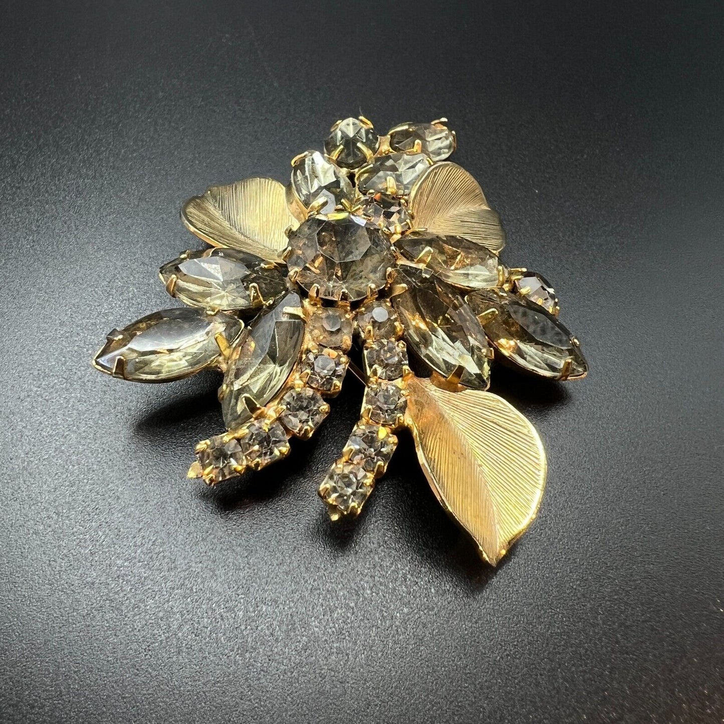 Vintage Flower Gold-Toned with Multi-Sized Smoky Gray Rhinestones Brooch Pin