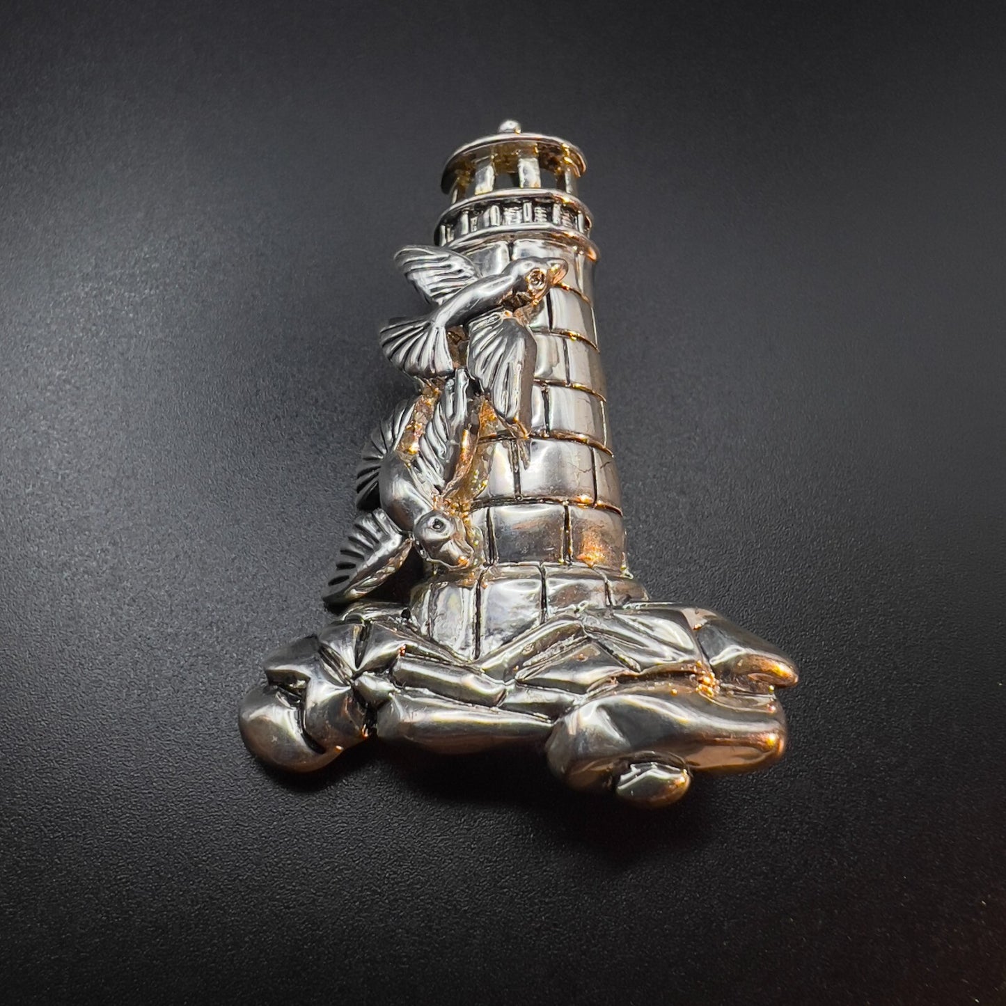 Vintage Signed BEST Lighthouse & Birds Silver-Toned Pendant Brooch Pin