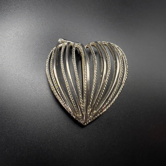 Vintage Silver-Tone Apple/Heart Brooch Pin - Large Novelty Open Wire Rope Design