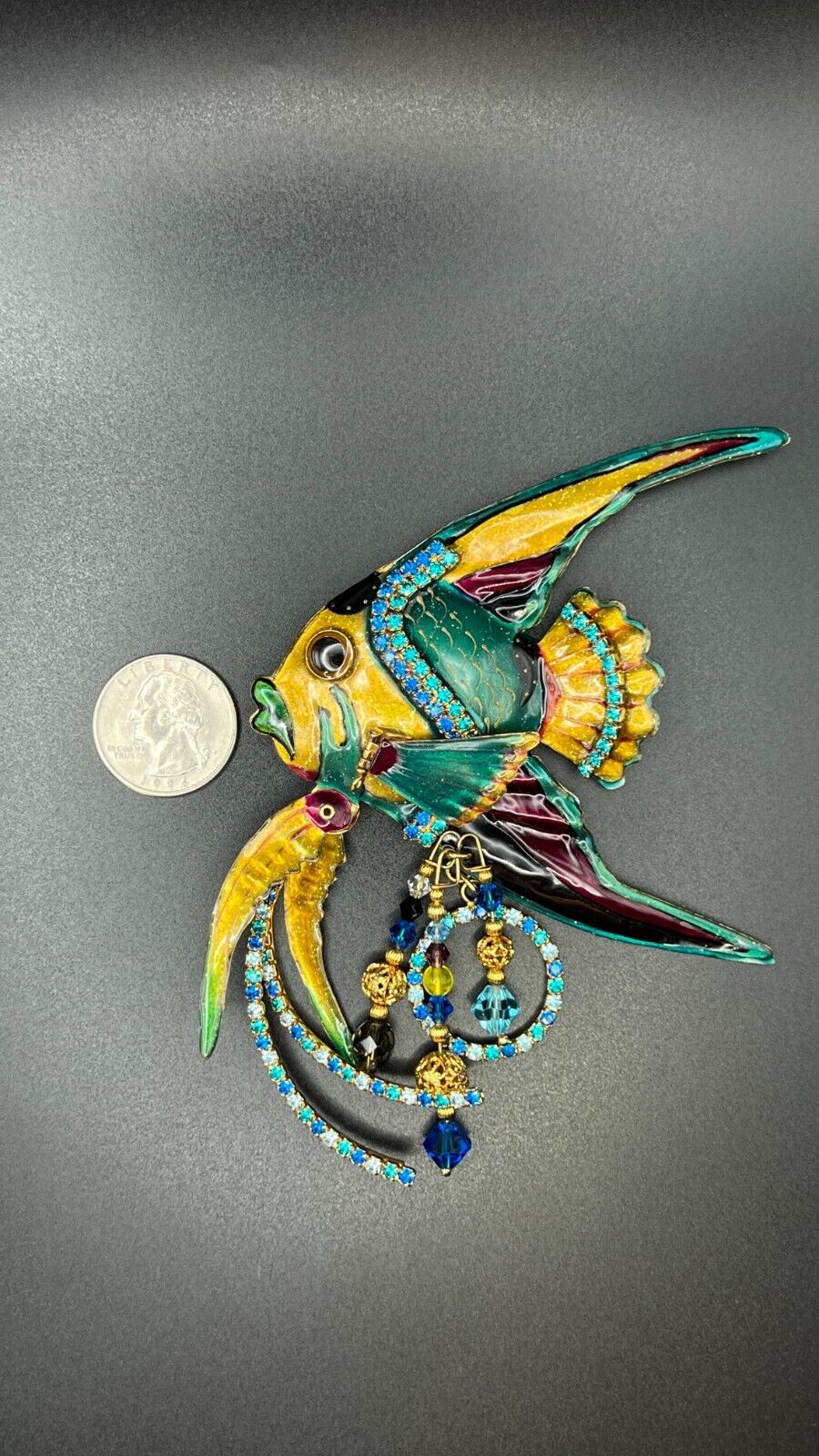 Vintage Novelty Gold-Plate & Enamel Fish Signed LUNCH AT THE RITZ Brooch Pendant