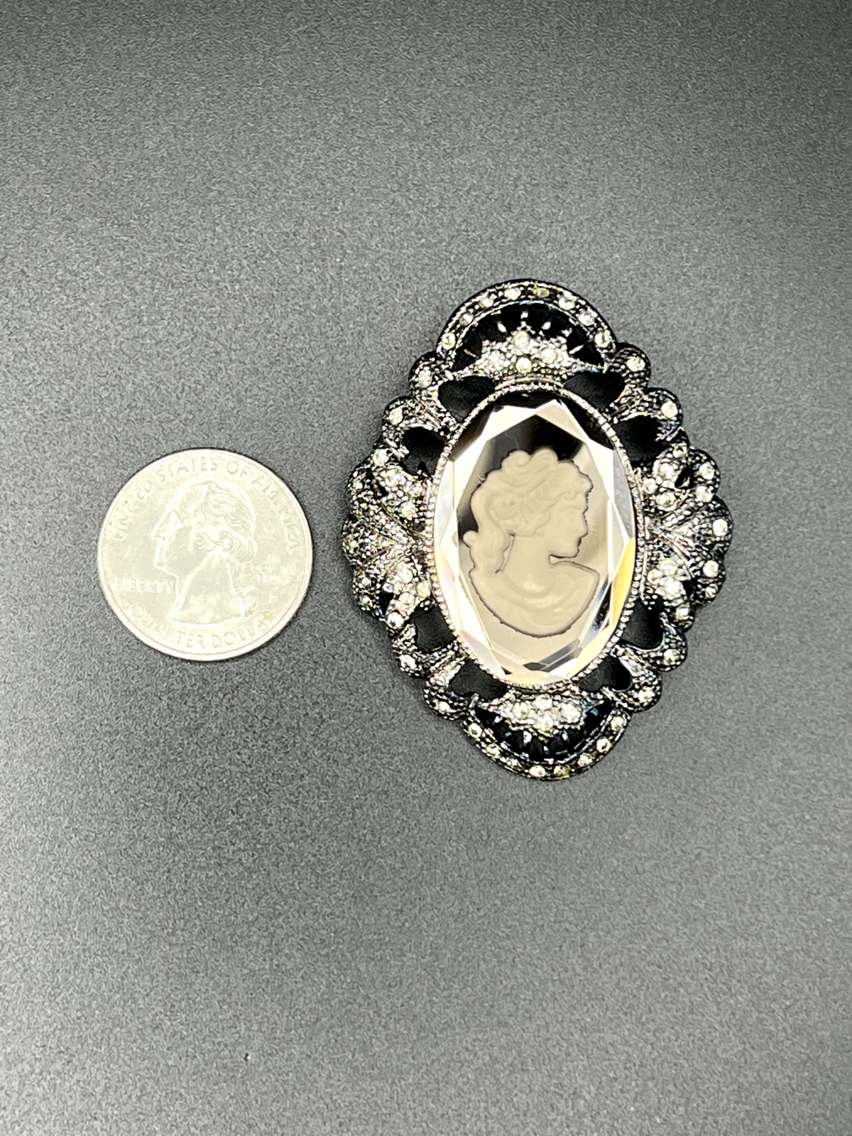 Vintage Dark Silver-Tone with Clear Rhinestones and Glass Enclosed Cameo Brooch