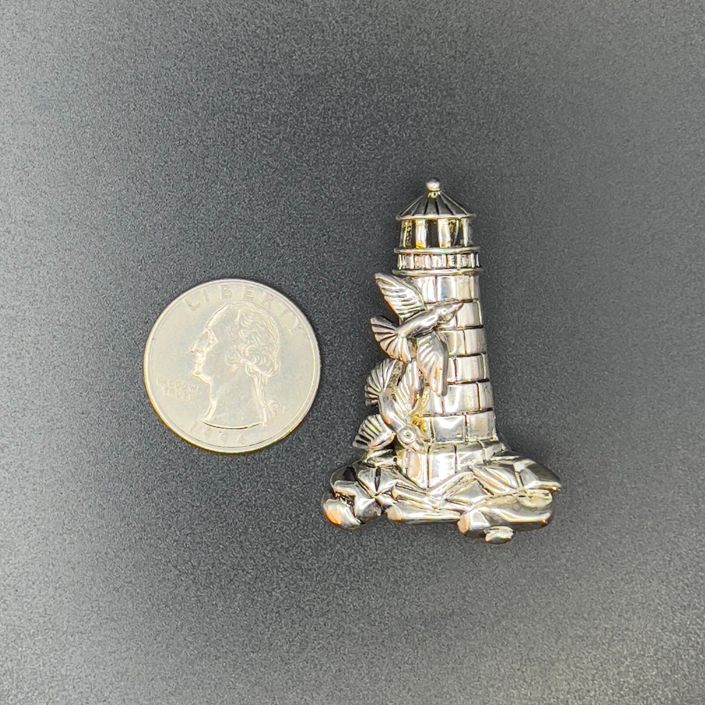 Vintage Signed BEST Lighthouse & Birds Silver-Toned Pendant Brooch Pin