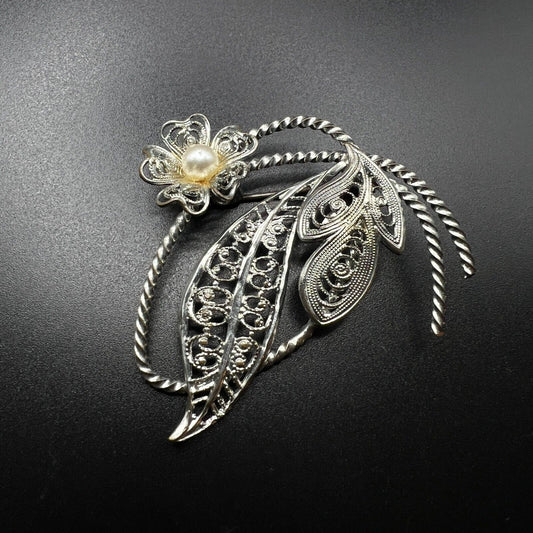 Vintage Western Germany Silver-Toned Filigree Leaves w a Faux Pearl Brooch Pin