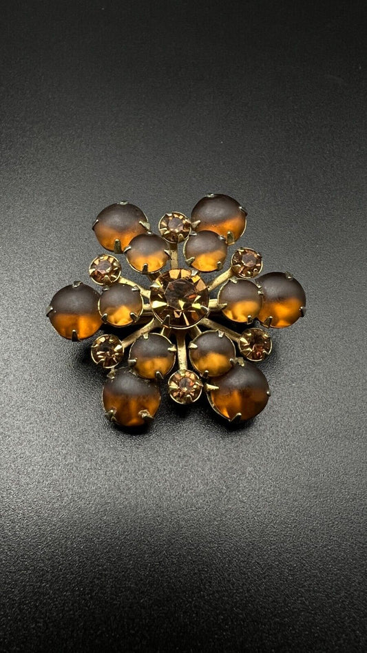 Vintage Amber Color Faceted Sparkling Rhinestones Moon Glow Cabochs Brooch Pin