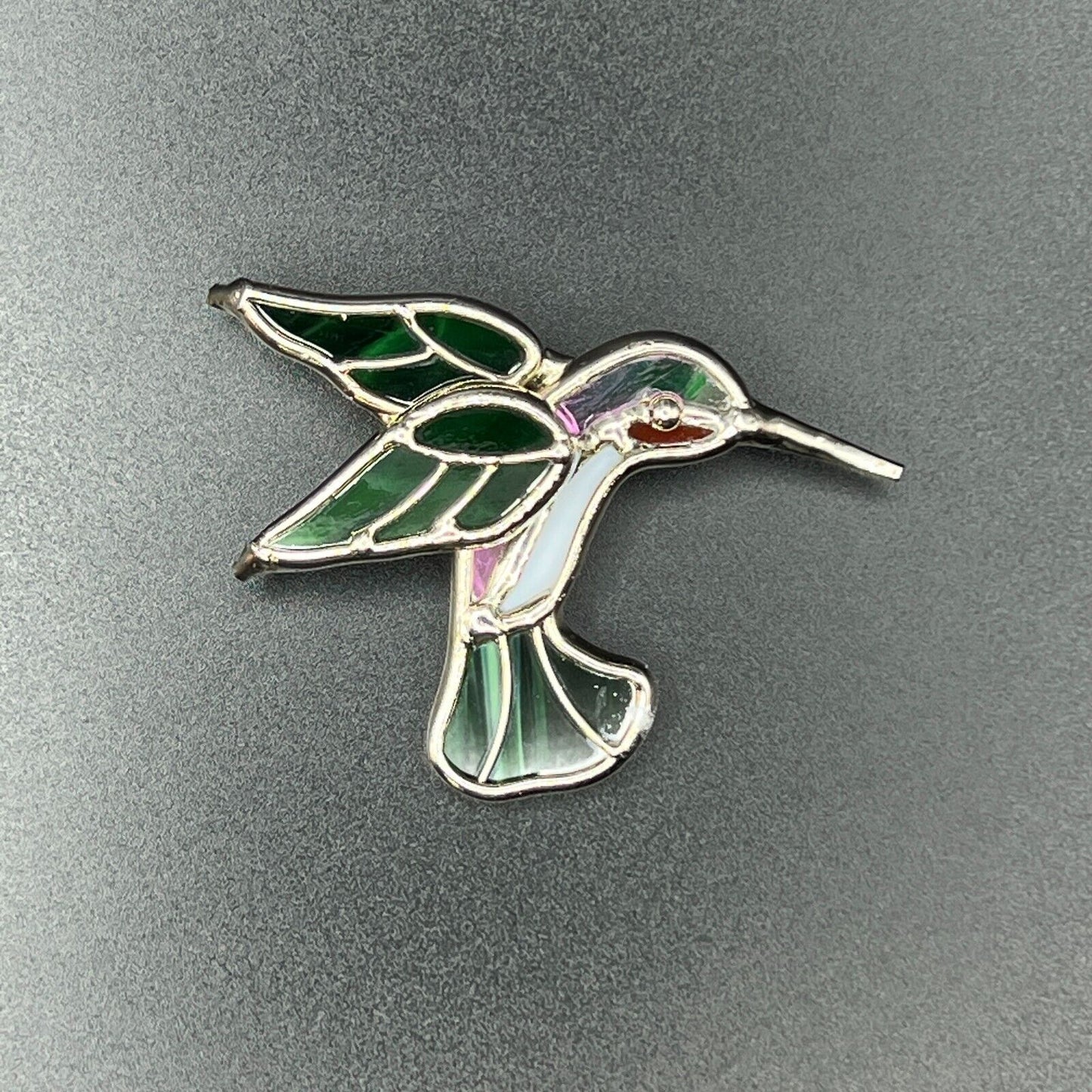 Vintage Novelty RARE Silver, Green & White Stained Glass Hummingbird Brooch Pin