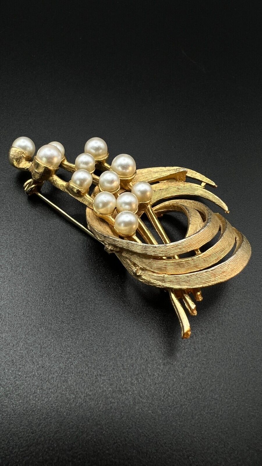 Vintage Gold-Toned Metal and Faux Pearls Brooch Pin