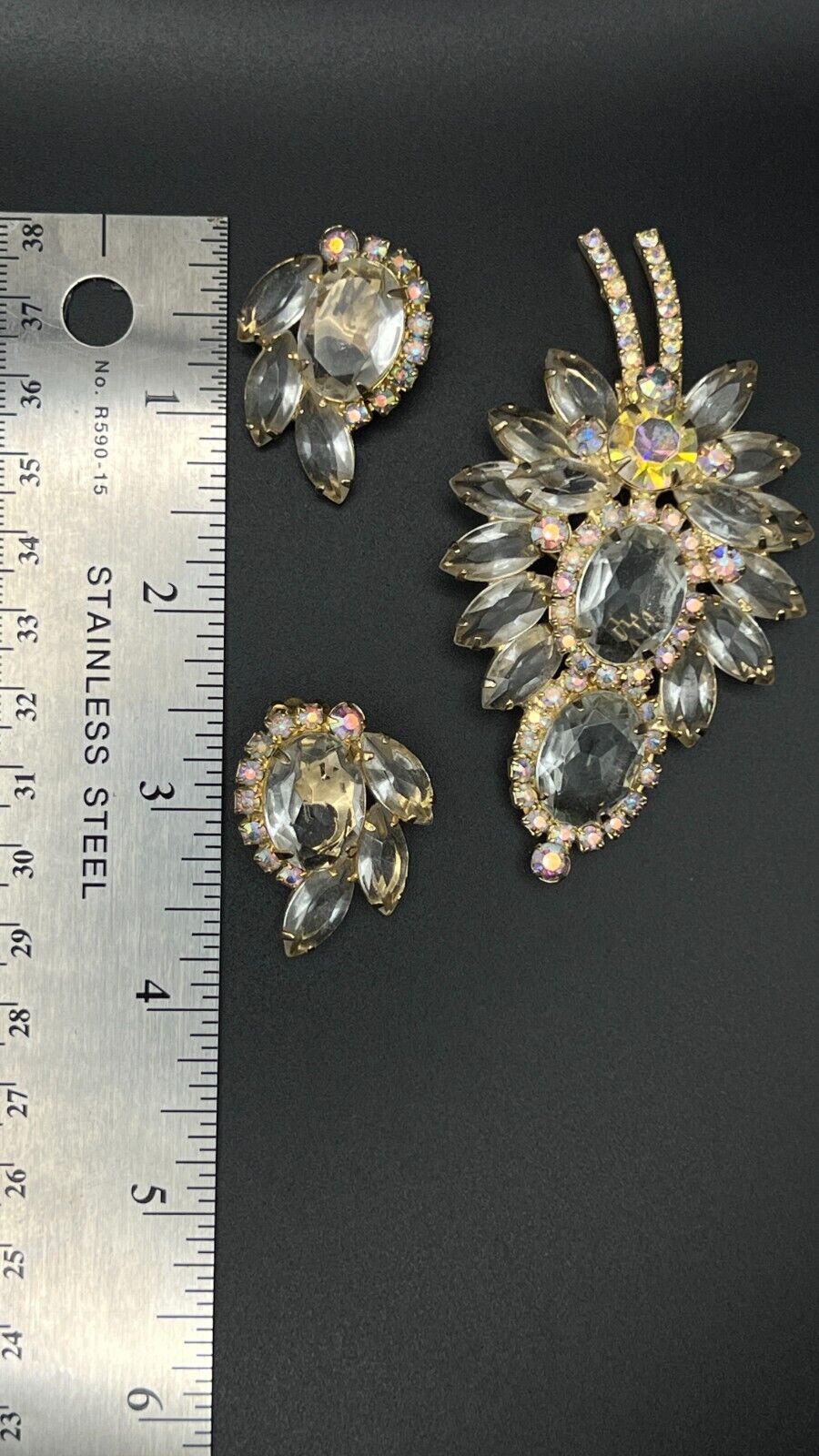 Vintage JULIANNA AB Large Rhinestone Brooch Pin and Clip-On Earrings Set