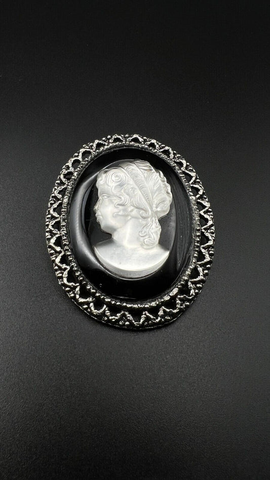 Vintage Novelty Mother Of Pearl Cameo with Black & Silver-Toned Frame Brooch Pin