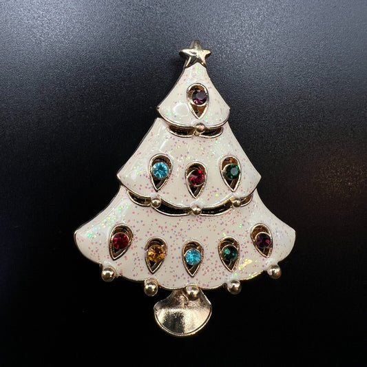 Vintage Novelty White Enamel Christmas Tree w Multi-Colored Crystals Brooch Pin