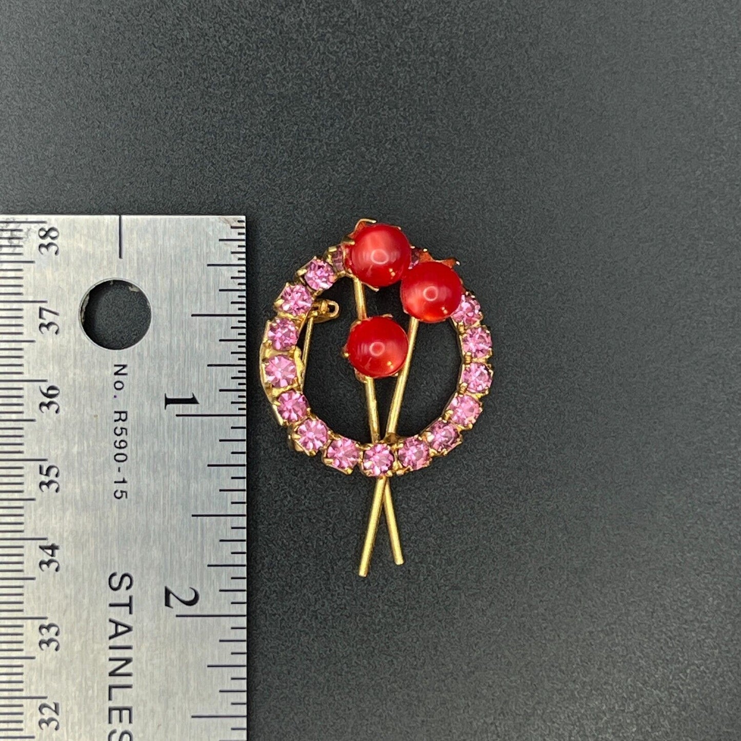 Vintage Red Balls & Sparkling Pink Rhinestones Gold-Toned Circular Brooch Pin