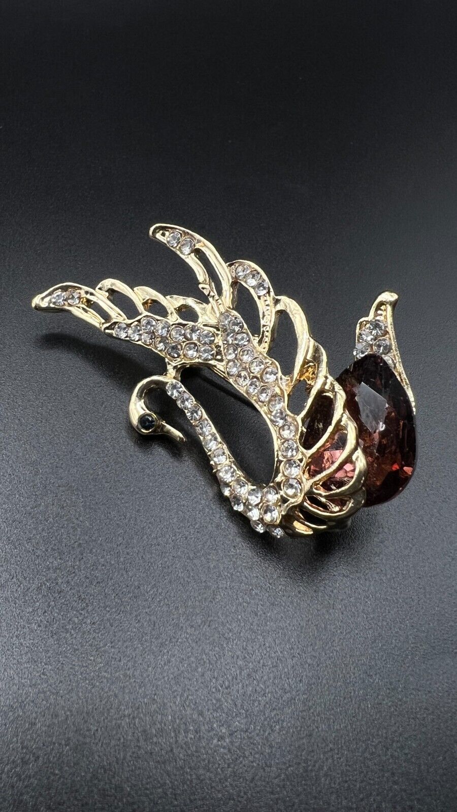 Vintage Gold-Toned Swan with Sparkly  Deep Red & Clear Crystals Brooch Pin