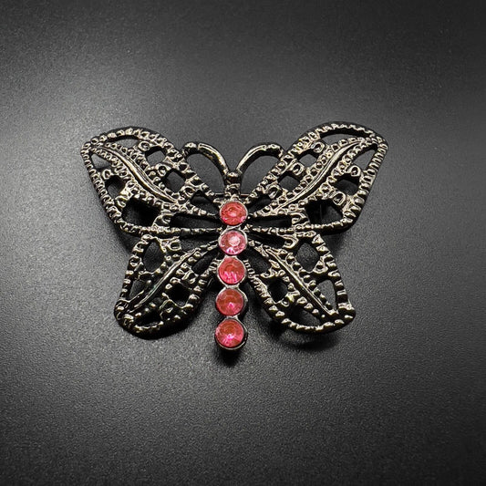 Vintage Lovely Dark Silver-Toned Metal Butterfly w Pink Rhinestones Brooch Pin