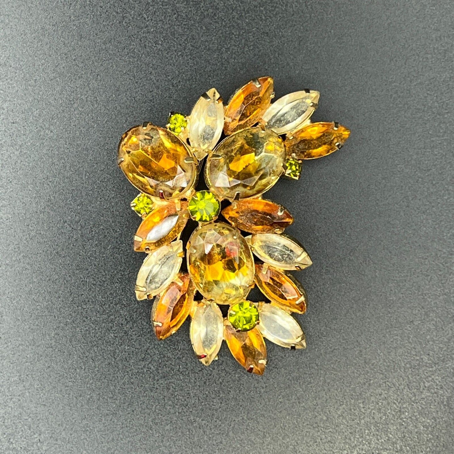 Vintage Gold-Toned Multi Faceted Clear Topaz, Green & Gold Rhinestone Brooch Pin